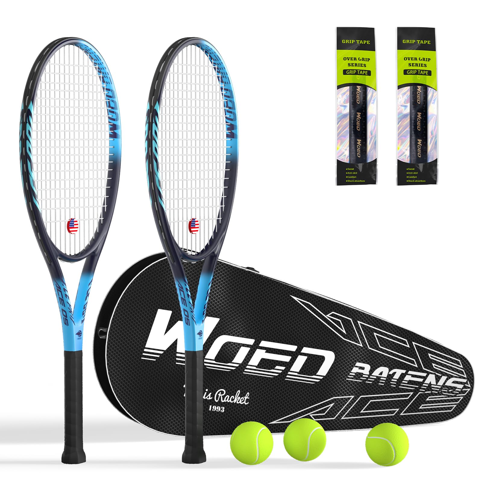 Adult tennis rackets from CourtTheory Pro Set, 27-inch size, with grips and strings visible, ideal for competitive play.
