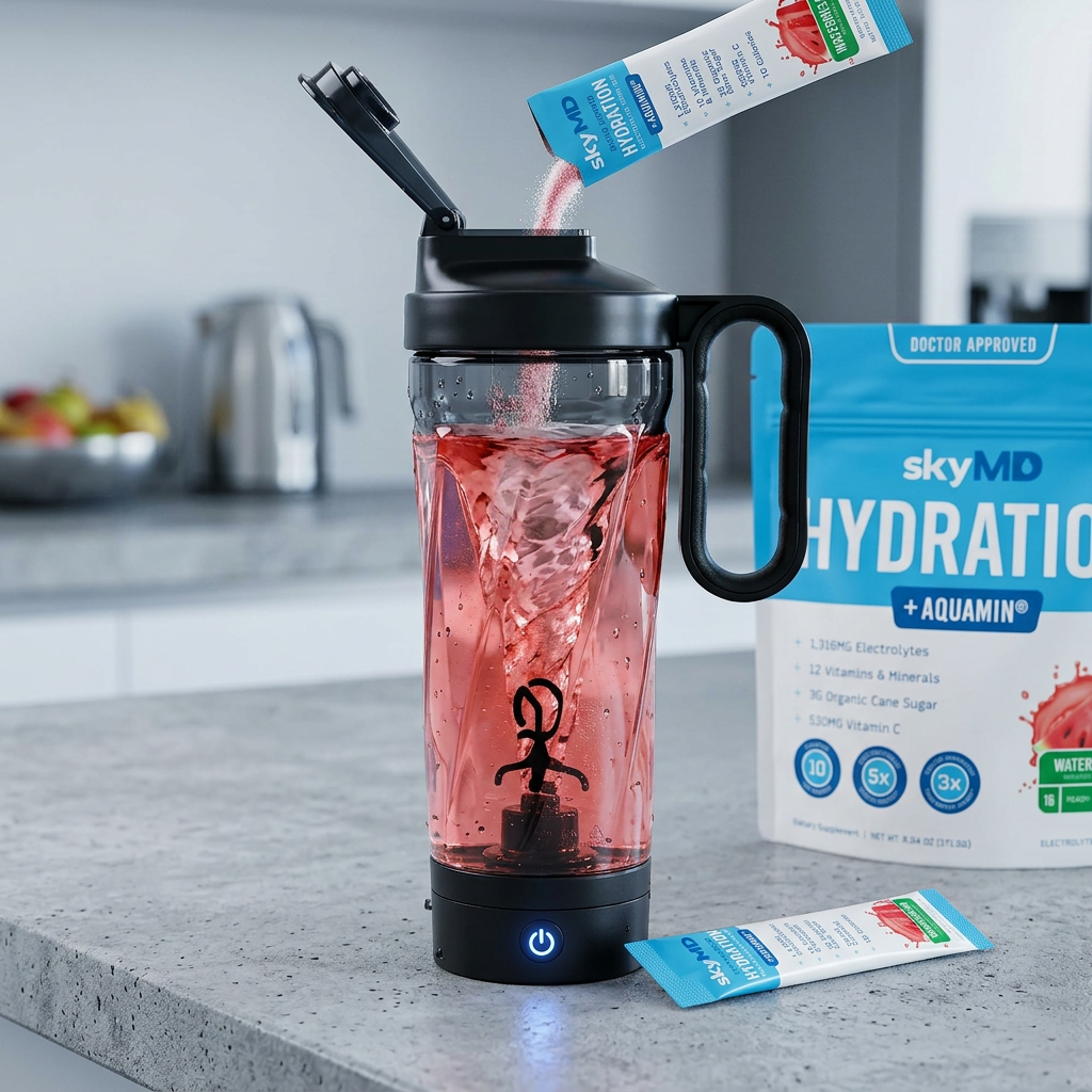 Court Theory Rechargeable Electric Mixer mixing hydration powder with firefly Gemini flash design on the body.