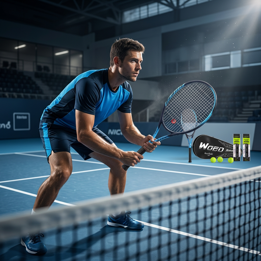 Adult tennis player holding blue and black CourtTheory tennis rackets in ready position on indoor hard court.