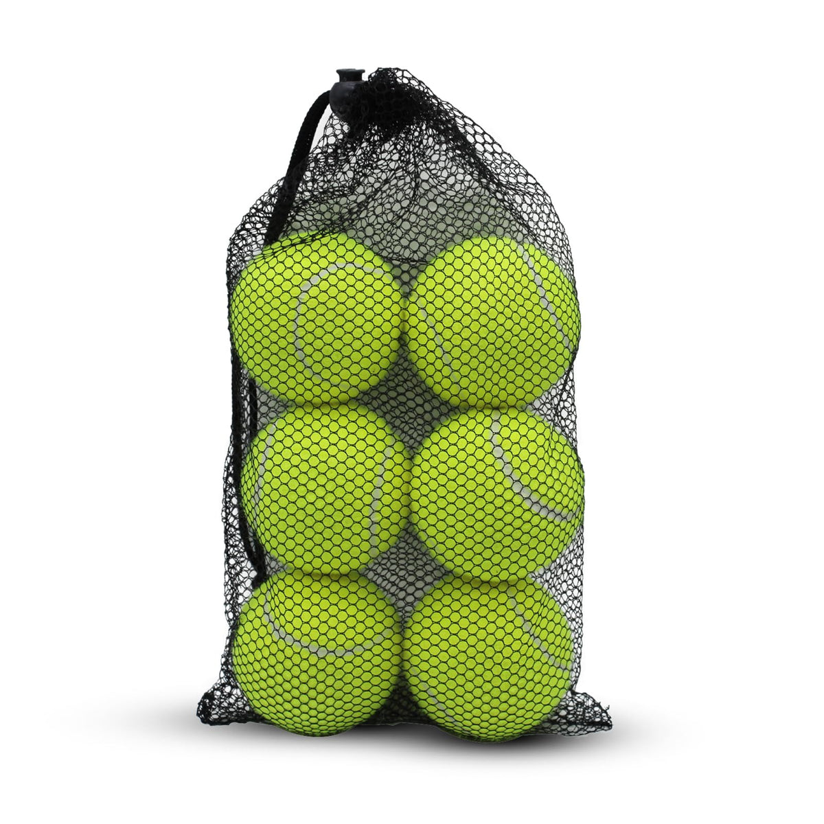 Set of six CourtTheory Practice Tennis Balls, durable rubber balls for training and practice sessions.