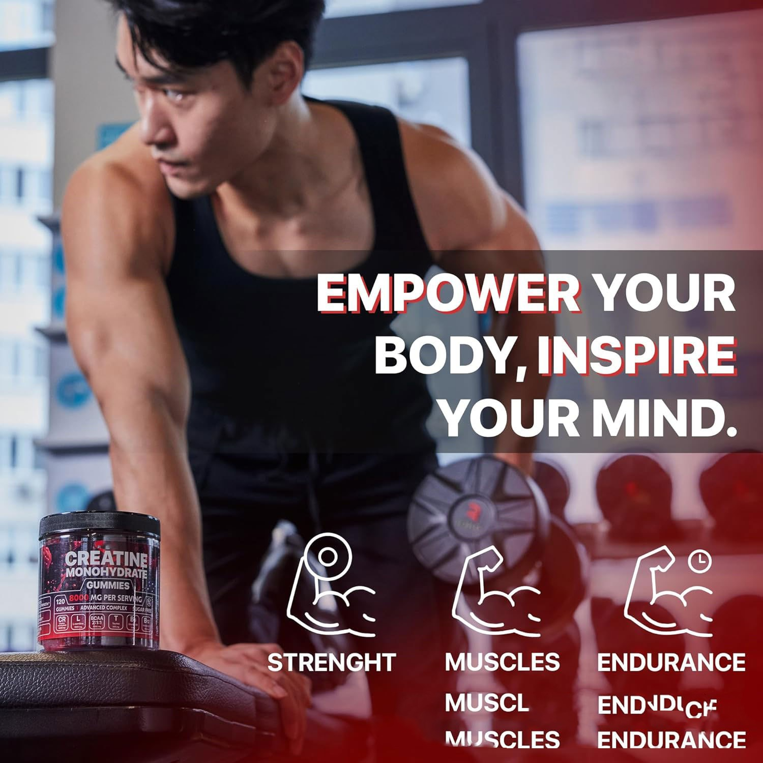 CourtTheory Muscle Boost Gummies showing colorful gummy vitamins in a clear container, designed to support muscle health.