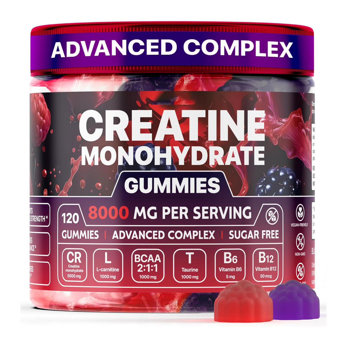 CourtTheory Muscle Boost Gummies in a clear bottle, showing colorful fruit-flavored gummy supplements for muscle support.