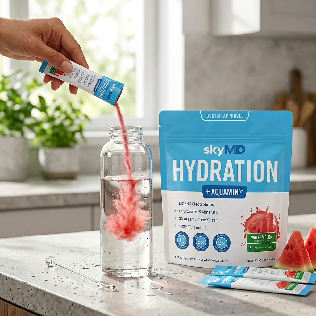 CourtTheory Watermelon Hydration Boost Sticks in a clear container with watermelon-flavored powder and vibrant packaging.