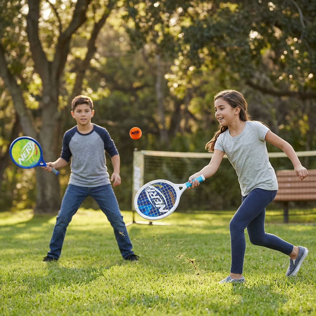 Junior tennis set by CourtTheory with colorful rackets and balls, perfect for beginners and outdoor play.