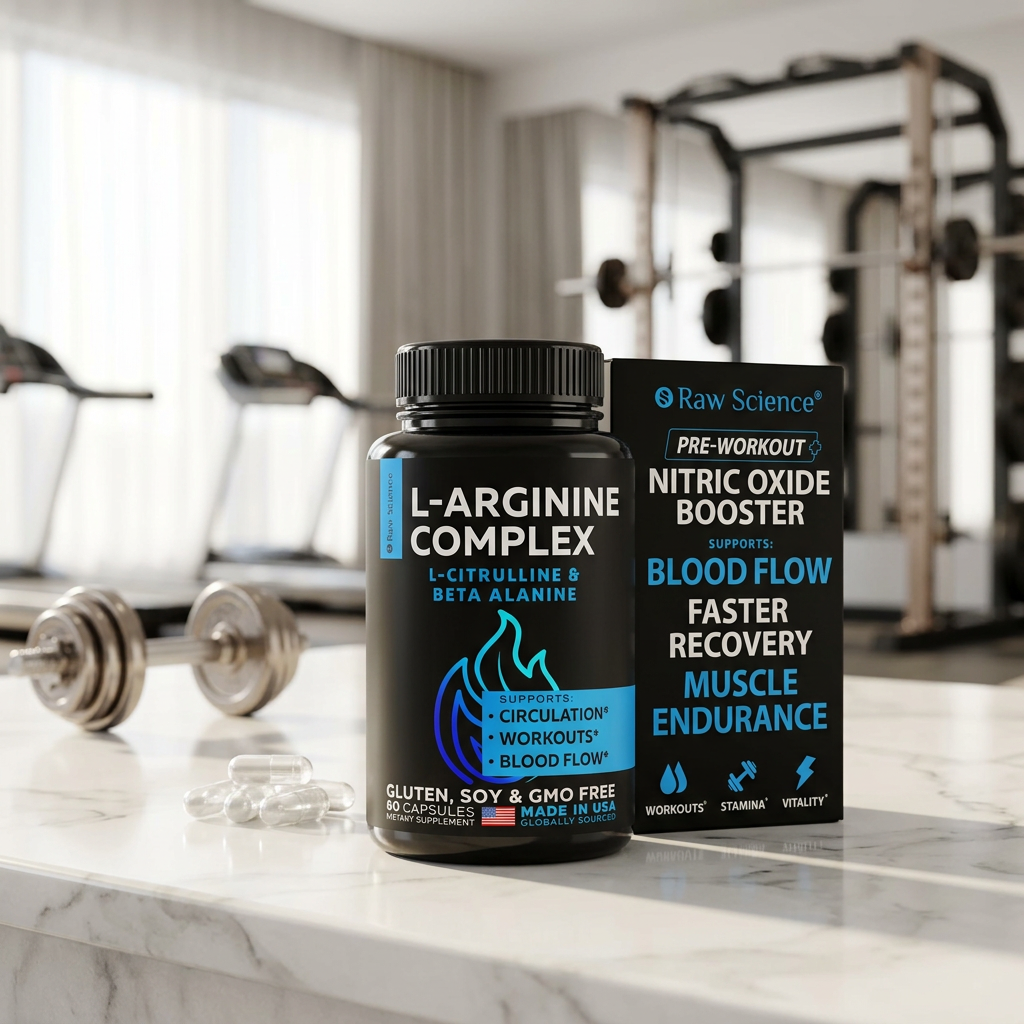 CourtTheory Nitric Boost L-Arginine and L-Citrulline supplement bottle on a clean marble countertop with blurred gym equipment in the background.
