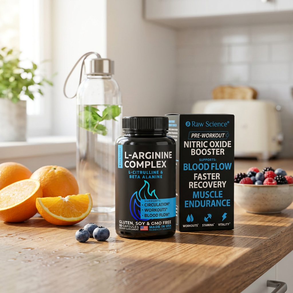 CourtTheory Nitric Boost L-Arginine and L-Citrulline capsules bottle on wooden kitchen counter with fresh fruits and water bottle.