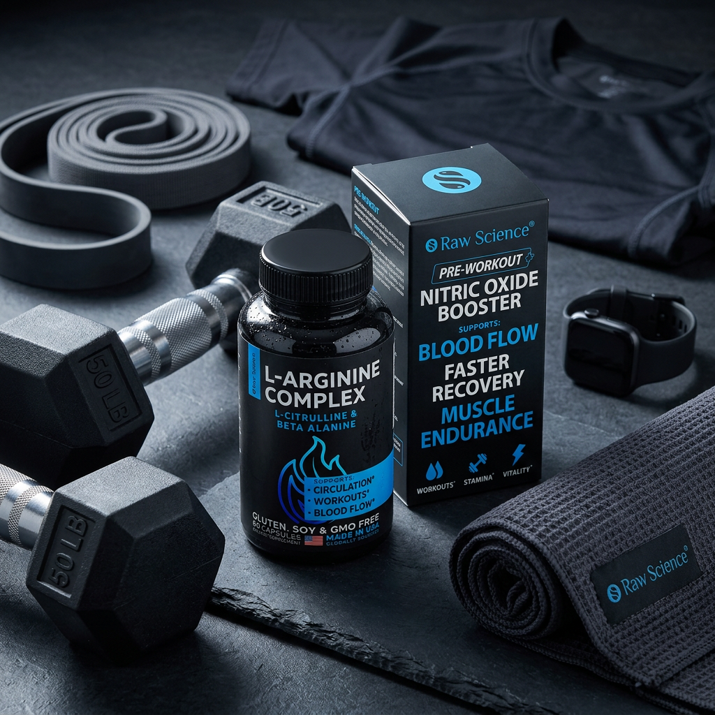 CourtTheory Nitric Boost L-Arginine and L-Citrulline capsules bottle with dumbbells and towel on dark slate surface, fitness supplement.