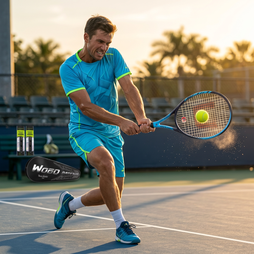 Adult tennis player hitting forehand with CourtTheory 27" tennis racket on outdoor hard court during golden hour.