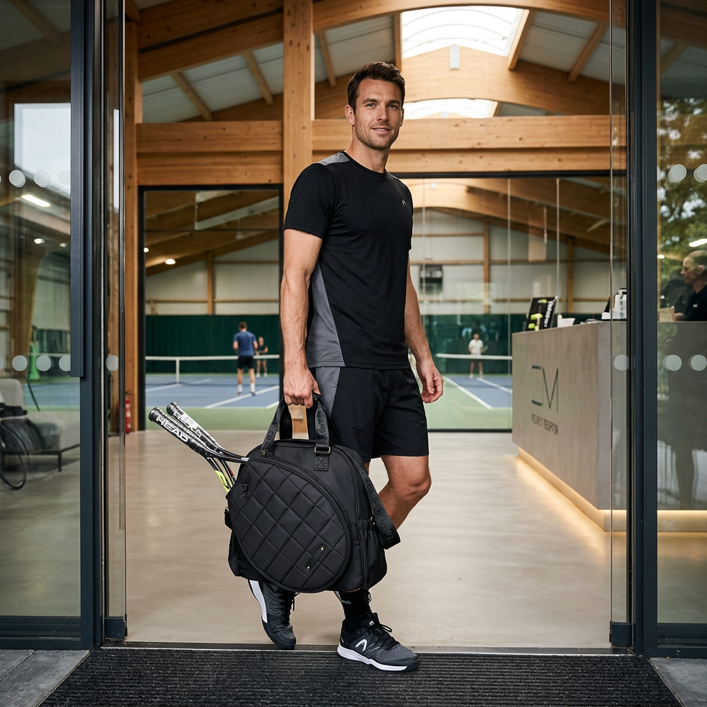 Man carrying black quilted CourtTheory dual-sport tennis bag set at indoor tennis facility in modern sportswear.
