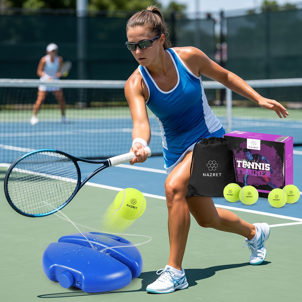 Young woman practicing tennis forehand with CourtTheory Master Tennis Trainer Kit on outdoor court under bright sunny sky.