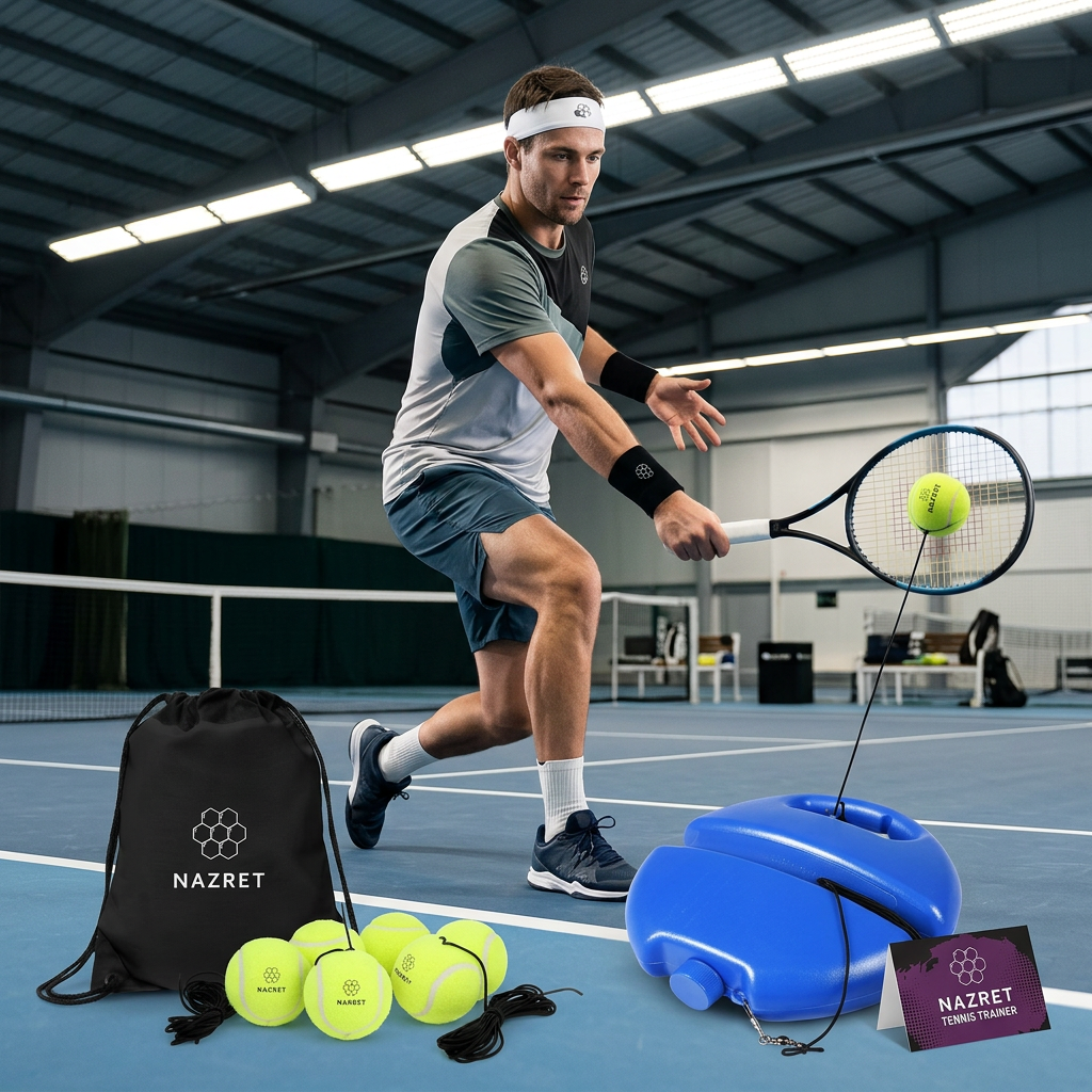 Male tennis player practicing backhand with CourtTheory Master Tennis Trainer Kit on indoor court under modern lighting.