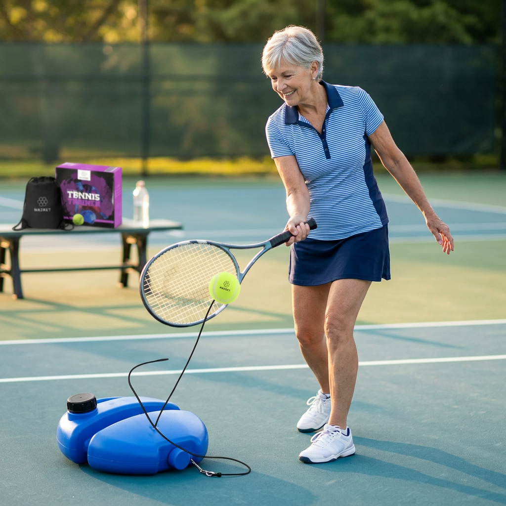 Senior woman practicing tennis strokes with CourtTheory Master Tennis Trainer Kit on outdoor court in natural lighting.
