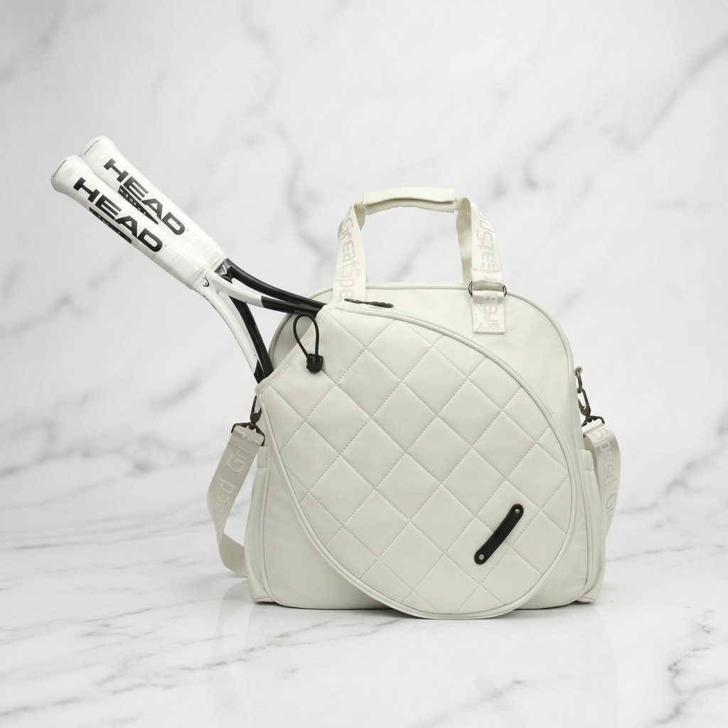 White quilted CourtTheory Dual-Sport Tennis Bag set on marble surface, studio lighting, minimalistic commercial style, high resolution.