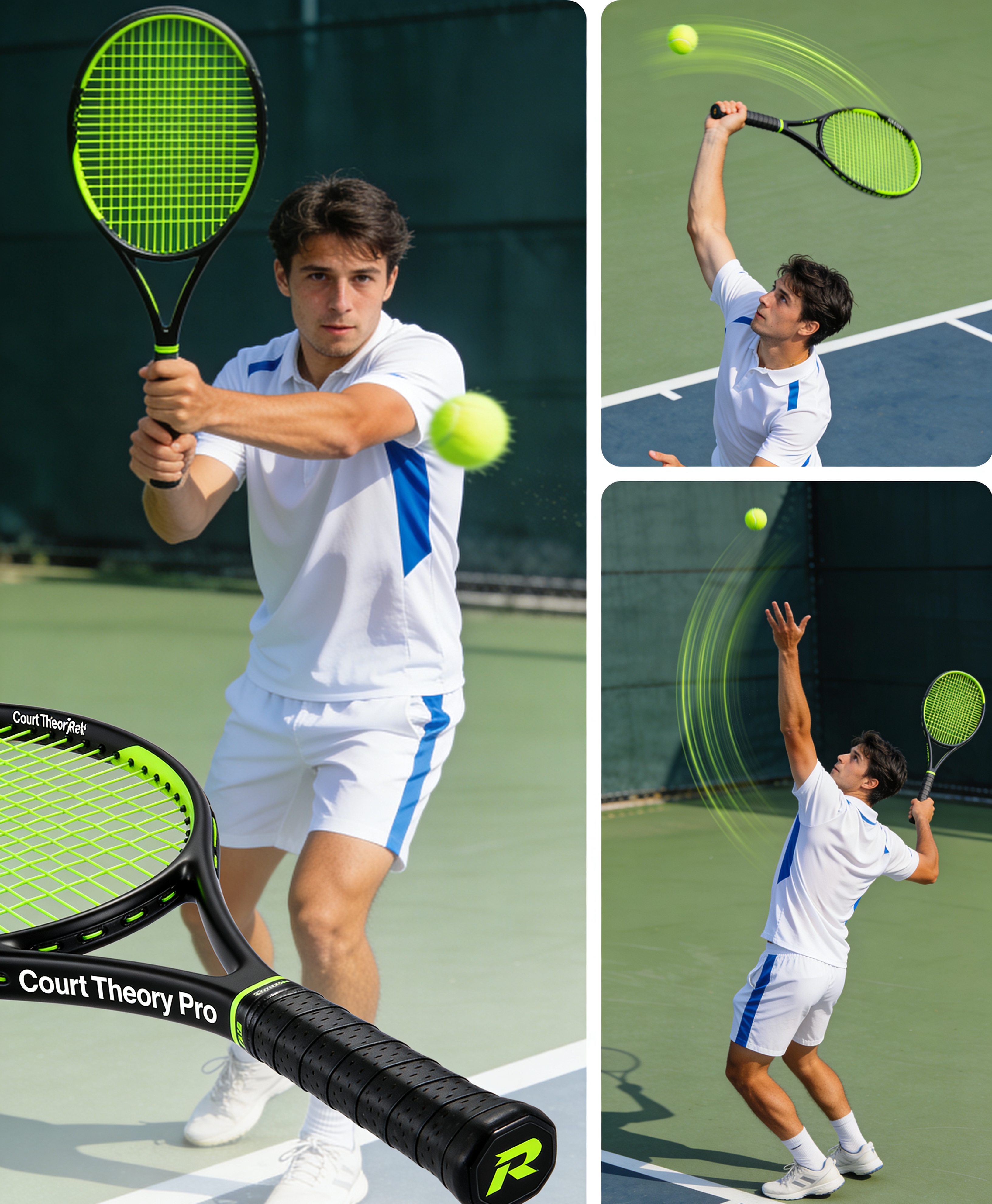 CourtTheory Pro Tennis Racket with sleek design, lightweight frame, and professional-level stringing for optimal performance.